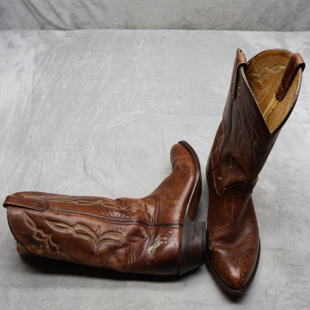 H.H. Brown Mens 9M Western Boots Brown Leather Stitched Pointed Toe VTG 6288